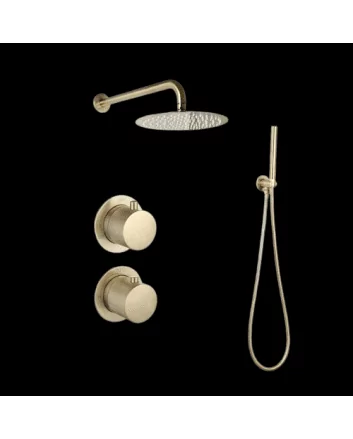 Sani DeLuxe Doucheset inbouw met box thermostaat, muurbevestiging / afwerkringen / douchekop 25 cm rond Goud Geborsteld met geribbeld knop