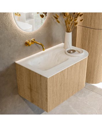 Mondiaz Kurve-Dlux 75cm badmeubel ronding Rechts kleur Oak met 1 lade en 1 deur. Wastafel Grunne Links zonder kraangat Opalo.