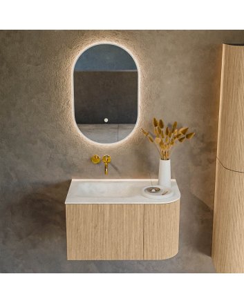 Mondiaz Kurve-Dlux 75cm badmeubel ronding Rechts kleur Oak met 1 lade en 1 deur. Wastafel Grunne Links zonder kraangat Opalo.
