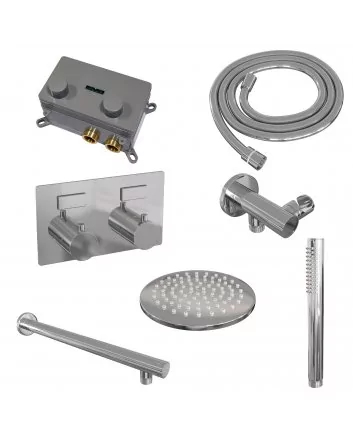 BRAUER Chrome Edition thermostatische inbouw regendouche met drukknoppen SET 49 met 20 cm douchekop en rechte muurarm en staaf handdouche en doucheslang en wandaansluitbocht chroom