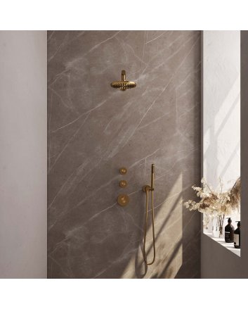 BRAUER Gold Carving thermostatische inbouw regendouche SET 01 met 20 cm douchekop en rechte muurarm en staaf handdouche en doucheslang en wandaansluitbocht goud geborsteld PVD