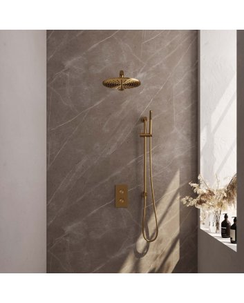 BRAUER Gold Carving thermostatische inbouw regendouche 3-weg omstelling SET 38 met 30 cm douchekop en rechte muurarm en staaf handdouche en doucheslang en geïntegreerde glijstang goud geborsteld PVD