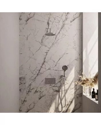 BRAUER Chrome Edition thermostatische inbouw regendouche met drukknoppen SET 57 met 20 cm douchekop en gebogen muurarm en 3-standen handdouche en doucheslang en wandaansluitbocht chroom