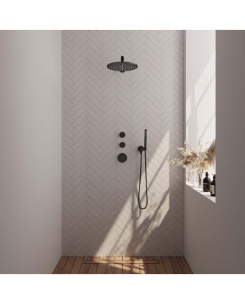 BRAUER Black Carving thermostatische inbouw regendouche SET 02 met 30 cm douchekop en rechte muurarm en staaf handdouche en doucheslang en wandaansluitbocht mat zwart