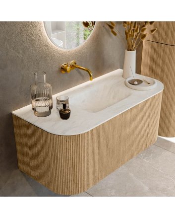Mondiaz Kurve-Dlux 100cm badmeubel ronding Links + Rechts kleur Oak met 1 lade en 2 deuren. Wastafel Grunne Midden zonder kraangat Opalo.