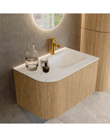 Mondiaz Kurve-Dlux 75cm badmeubel ronding Links kleur Oak met 1 lade en 1 deur. Wastafel Grunne Rechts 1 kraangat Opalo.