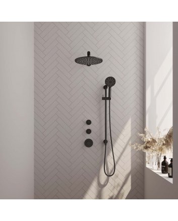BRAUER Black Carving thermostatische inbouw regendouche SET 20 met 30 cm douchekop en rechte muurarm en 3-standen handdouche en doucheslang en geïntegreerde glijstang mat zwart