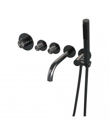 BRAUER Gunmetal Carving thermostatische inbouw badkraan SET 01 met uitloop en staaf handdouche en doucheslang en wandaansluitbocht gunmetal geborsteld PVD