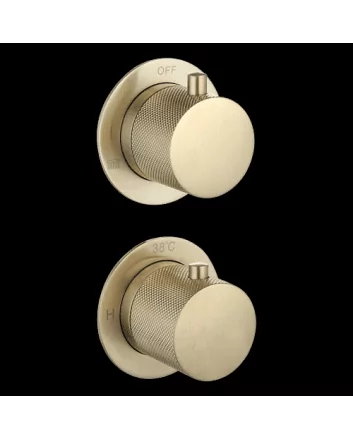 Sani DeLuxe Doucheset inbouw met box thermostaat, muurbevestiging / afwerkringen / douchekop 25 cm rond Goud Geborsteld met geribbeld knop