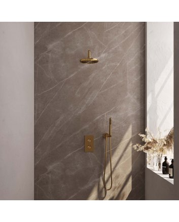 BRAUER Gold Carving thermostatische inbouw regendouche 3-weg omstelling SET 27 met 20 cm douchekop en gebogen muurarm en staaf handdouche en doucheslang en wandaansluitbocht goud geborsteld PVD