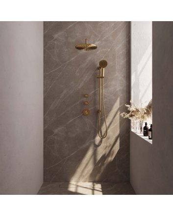 BRAUER Gold Carving thermostatische inbouw regendouche SET 22 met 30 cm douchekop en gebogen muurarm en 3-standen handdouche en doucheslang en geïntegreerde glijstang goud geborsteld PVD