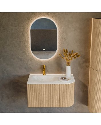 Mondiaz Kurve-Dlux 75cm badmeubel ronding Rechts kleur Oak met 1 lade en 1 deur. Wastafel Grunne Links 1 kraangat Opalo.