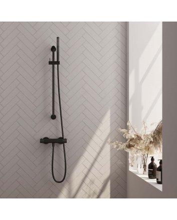 BRAUER Black Carving opbouw douche thermostaatkraan SET 01 met glijstang en staaf handdouche en doucheslang mat zwart