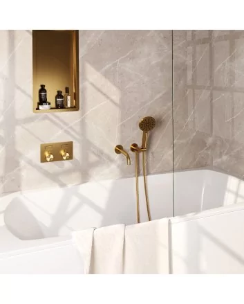 BRAUER Gold Carving thermostatische inbouw badkraan met drukknoppen SET 04 met uitloop en 3-standen handdouche en doucheslang en wandaansluitbocht goud geborsteld PVD