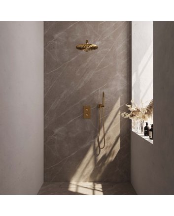 BRAUER Gold Carving thermostatische inbouw regendouche 3-weg omstelling SET 26 met 30 cm douchekop en rechte muurarm en staaf handdouche en doucheslang en wandaansluitbocht goud geborsteld PVD