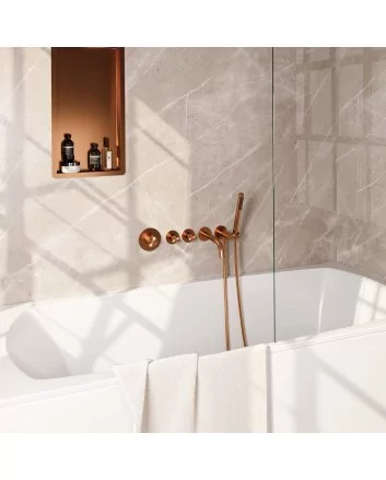 BRAUER Copper Carving thermostatische inbouw badkraan SET 01 met uitloop en staaf handdouche en doucheslang en wandaansluitbocht koper geborsteld PVD