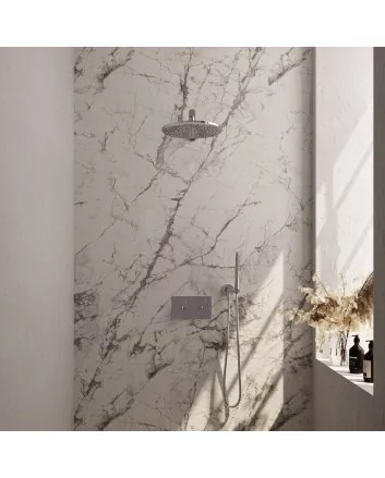 BRAUER Chrome Edition thermostatische inbouw regendouche met drukknoppen SET 50 met 30 cm douchekop en rechte muurarm en staaf handdouche en doucheslang en wandaansluitbocht chroom