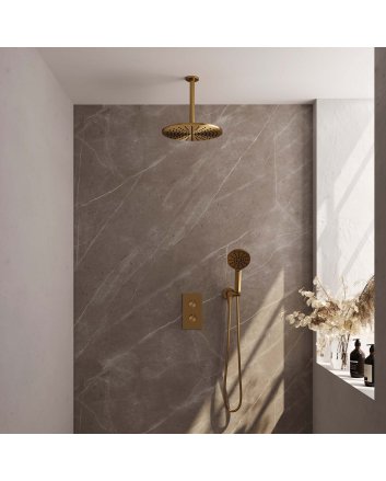 BRAUER Gold Carving thermostatische inbouw regendouche 3-weg omstelling SET 36 met 30 cm douchekop en plafondarm en 3-standen handdouche en doucheslang en wandaansluitbocht goud geborsteld PVD