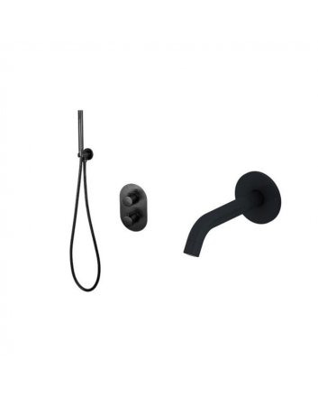 Sani DeLuxe Badset inbouw met box thermostaat, muurbevestiging / doucheslang, staafhanddouche rond Mat Zwart met geribbeld knop