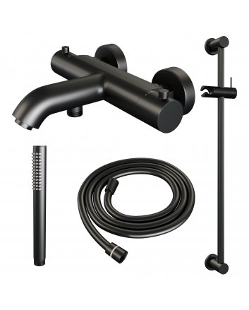 BRAUER Black Edition opbouw baddouche thermostaatkraan SET 01 met glijstang en staaf handdouche en doucheslang mat zwart