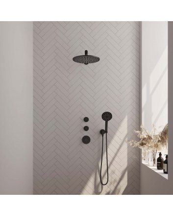 BRAUER Black Carving thermostatische inbouw regendouche SET 08 met 30 cm douchekop en rechte muurarm en 3-standen handdouche en doucheslang en wandaansluitbocht mat zwart