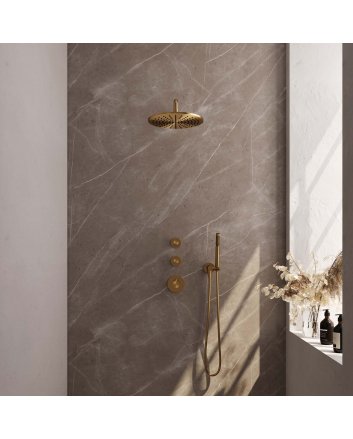 BRAUER Gold Edition thermostatische inbouw regendouche SET 04 met 30 cm douchekop en gebogen muurarm en staaf handdouche en doucheslang en wandaansluitbocht goud geborsteld PVD