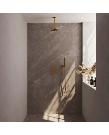 BRAUER Gold Edition thermostatische inbouw regendouche 3-weg omstelling SET 29 met 20 cm douchekop en plafondarm en staaf handdouche en doucheslang en wandaansluitbocht goud geborsteld PVD