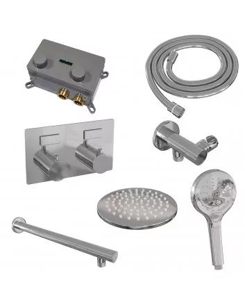 BRAUER Chrome Edition thermostatische inbouw regendouche met drukknoppen SET 55 met 20 cm douchekop en rechte muurarm en 3-standen handdouche en doucheslang en wandaansluitbocht chroom