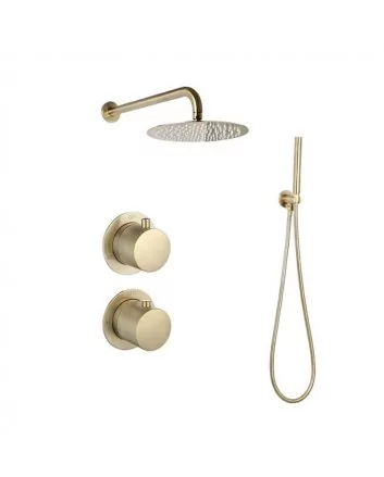 Sani DeLuxe Doucheset inbouw met box thermostaat, muurbevestiging / afwerkringen / douchekop 25 cm rond Goud Geborsteld