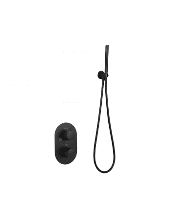 Sani DeLuxe Badset inbouw met box thermostaat, muurbevestiging / doucheslang, staafhanddouche rond Mat Zwart met geribbeld knop