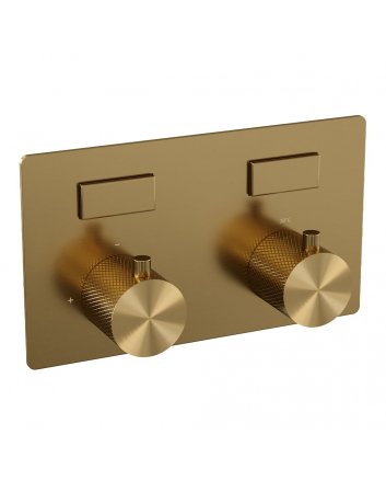 BRAUER Gold Carving thermostatische inbouw regendouche met drukknoppen SET 69 met 20 cm douchekop en gebogen muurarm en 3-standen handdouche en doucheslang en geïntegreerde glijstang goud geborsteld PVD