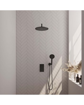 BRAUER Black Carving thermostatische inbouw regendouche 3-weg omstelling SET 34 met 30 cm douchekop en gebogen muurarm en 3-standen handdouche en doucheslang en wandaansluitbocht mat zwart