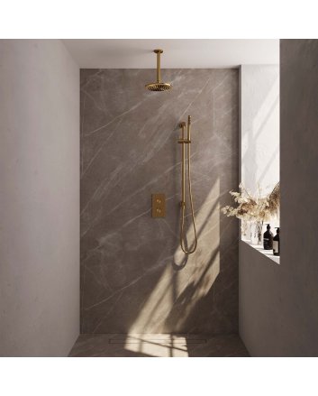 BRAUER Gold Carving thermostatische inbouw regendouche 3-weg omstelling SET 41 met 20 cm douchekop en plafondarm en staaf handdouche en doucheslang en geïntegreerde glijstang goud geborsteld PVD