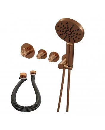 BRAUER Copper Carving thermostatische inbouw badkraan SET 02 met badvulcombinatie en 3-standen handdouche en doucheslang en wandaansluitbocht koper geborsteld PVD