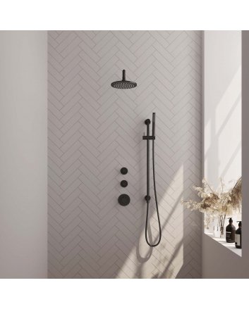 BRAUER Black Carving thermostatische inbouw regendouche SET 15 met 20 cm douchekop en gebogen muurarm en staaf handdouche en doucheslang en geïntegreerde glijstang mat zwart