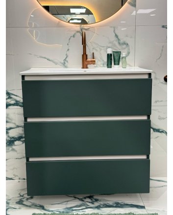 Op=op showroom kansje - drie laden mat groene badmeubel onderkast met keramische lage witte wastafel