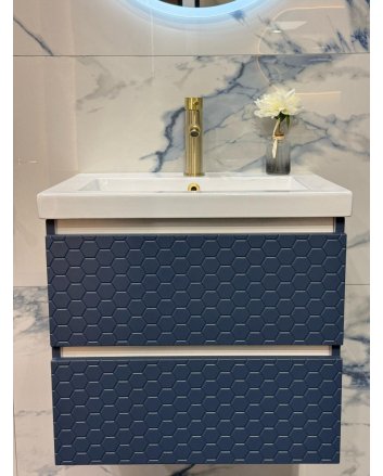 Op=op showroom kansje - twee laden mat blauwe badmeubel onderkast met hexagon relief + keramische lage witte wastafel