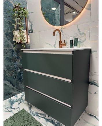 Op=op showroom kansje - drie laden mat groene badmeubel onderkast met keramische lage witte wastafel